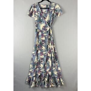 Cienna Silk Blend Wrap Dress Womens Small Ruffle Midi Hawaiian Tropical NEW